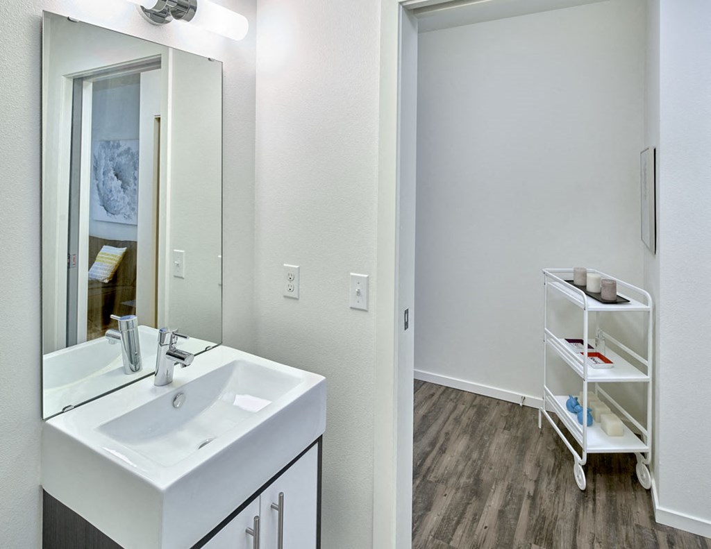 a bathroom with a sink and a mirror