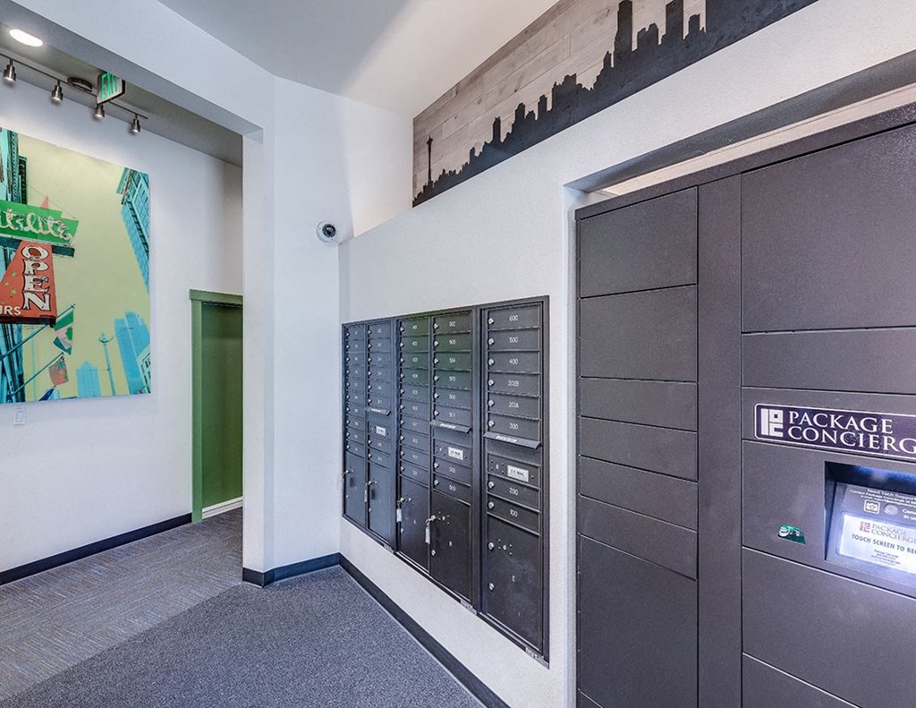a locker room in a building with lockers on the wall