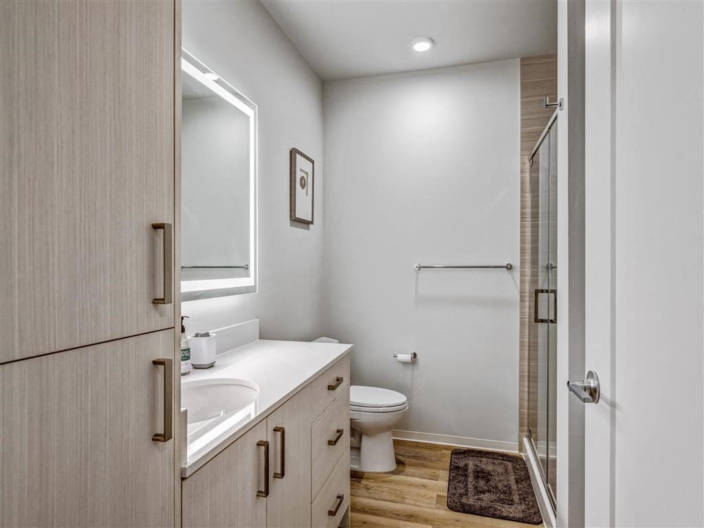 a bathroom with a sink and a toilet and a shower