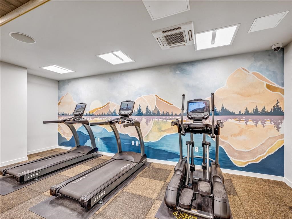 a gym with treadmills and a mural of mountains and the ocean