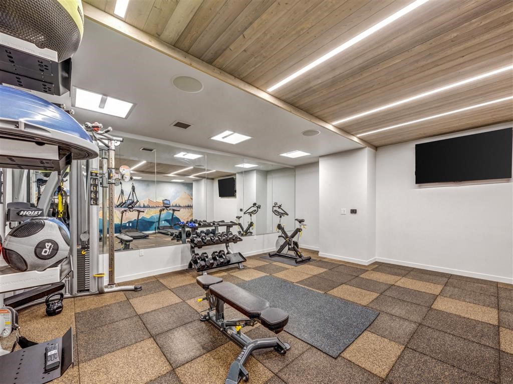 the gym is equipped with weights and cardio machines and a television