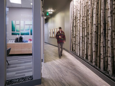 a person walking down a hallway with a mural of birch trees
