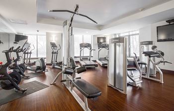 a gym with various exercise machines and a tv  at HIGHGROVE, Connecticut