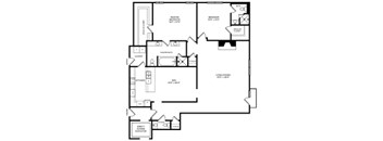 A floor plan of a house with a kitchen, living room, and two bedrooms.