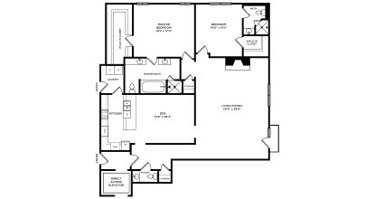 A floor plan of a house with a kitchen, living room, and two bedrooms.