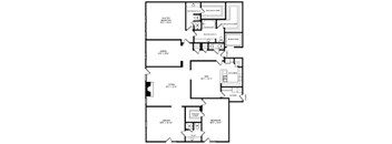 A floor plan of a house with a kitchen, living room, dining room, and two bedrooms.