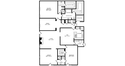 A floor plan of a house with a kitchen, living room, dining room, and two bedrooms.