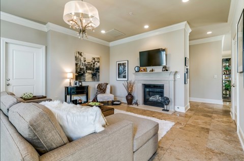 A living room with a couch, a fireplace, and a television.
