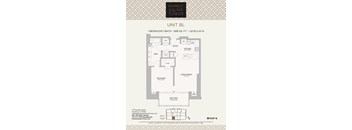 A floor plan for a unit at Market Square Tower, showing a bedroom, bathroom, living/dining area, and kitchen.