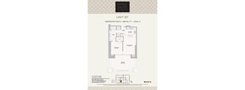 A floor plan for a unit at Market Square Tower, showing a bedroom, bathroom, and kitchen layout.