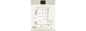 A floor plan for a unit at the Market Square Tower, showing a bedroom, bathroom, living/dining area, kitchen, and closet.