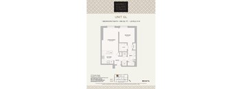 A floor plan for a unit in the Market Square Tower, showing a bedroom, living/dining area, kitchen, and bathroom.
