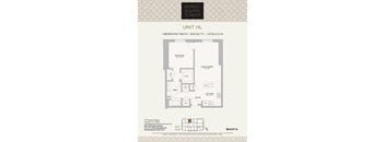 A floor plan for a unit at the Market Square Tower, showing a bedroom, living/dining area, kitchen, and bathroom.