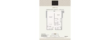 A floor plan for a unit at Market Square Tower, showing a bedroom, bathroom, living/dining area, kitchen, and closet.