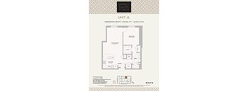 A floor plan for a 1 bedroom/1 bath unit at the Market Square Tower.