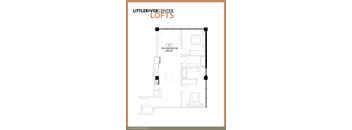 A floor plan for the Little River Center Lofts showing a two bedroom apartment with 906 square feet.