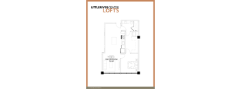 A floor plan of a one bedroom loft sits on a white background.