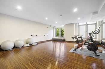 a gym with weights and yoga balls on the floor and a window at HIGHGROVE, Connecticut