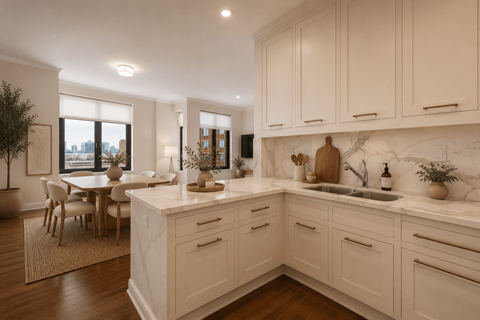 A kitchen with white cabinets and a marble backsplash.