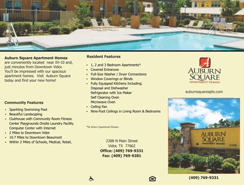 Auburn Square Apartment Homes is conveniently located near I-H-10 and covered entrances.