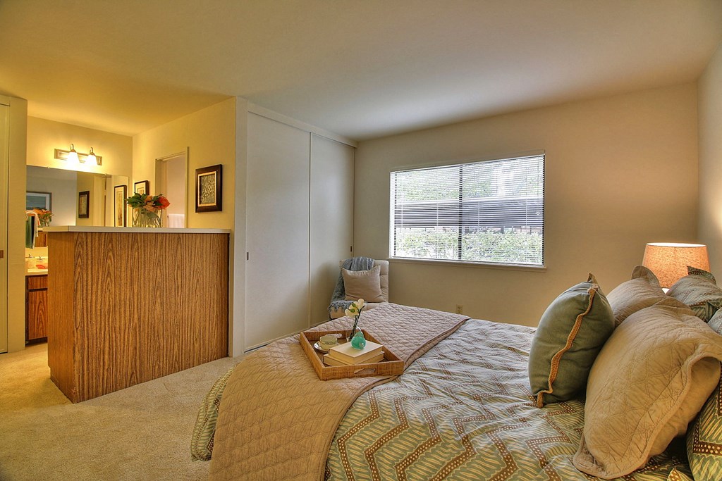 a bedroom with a bed and a dresser and a window