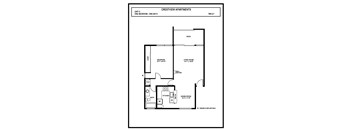 A drawing of a floor plan for a one bedroom, one bath apartment.