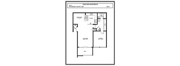 A black and white image of a floor plan for a one bedroom apartment.