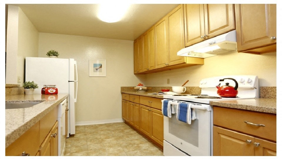 a kitchen with a stove and a refrigerator
