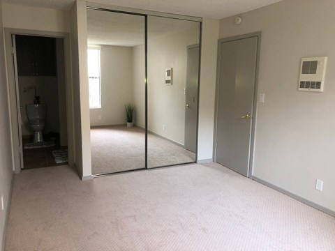 the master bedroom has a large mirror and carpeted flooring
