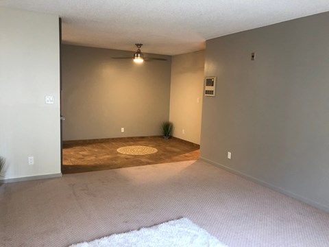an empty living room with a rug and a ceiling fan