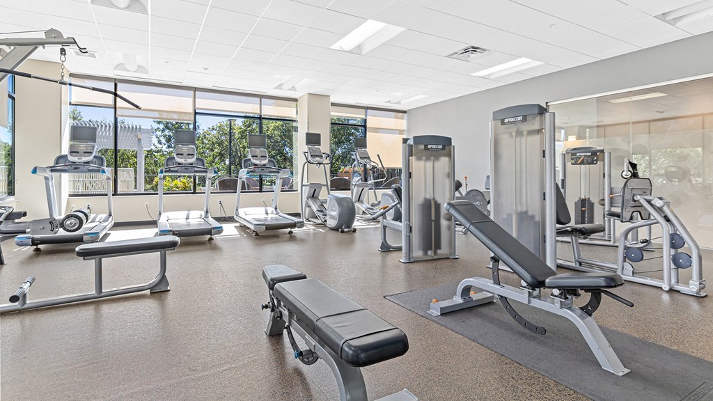 a gym with cardio equipment and weights in a building with large windows