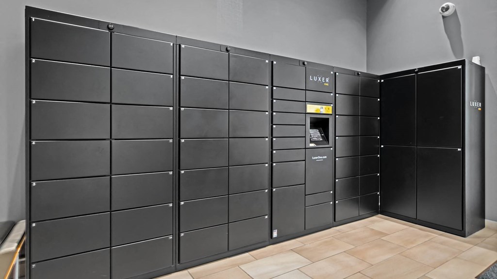 a large set of lockers in a room