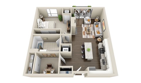 this is a 3d floor plan of a 752 square foot 1 bedroom apartment at the
