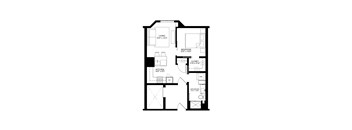 A floor plan of a house with a living room, kitchen, and two bathrooms.