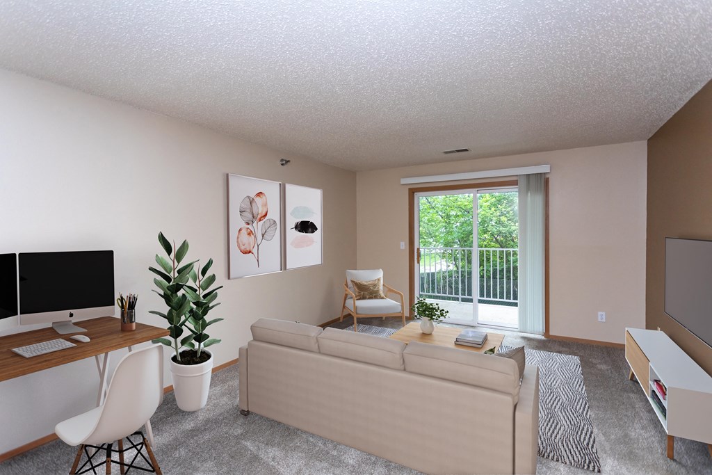 Living Room with Couches, TV and Work Desk
