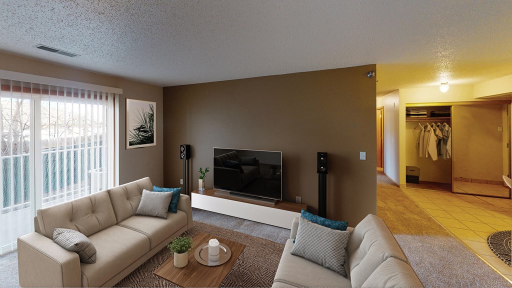 Living Room with Couches and TV, Coat Closet Near