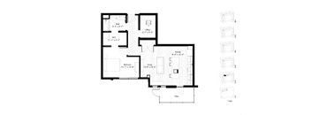 A floor plan of a house with a kitchen, living room, dining room, two bedrooms and a bathroom.