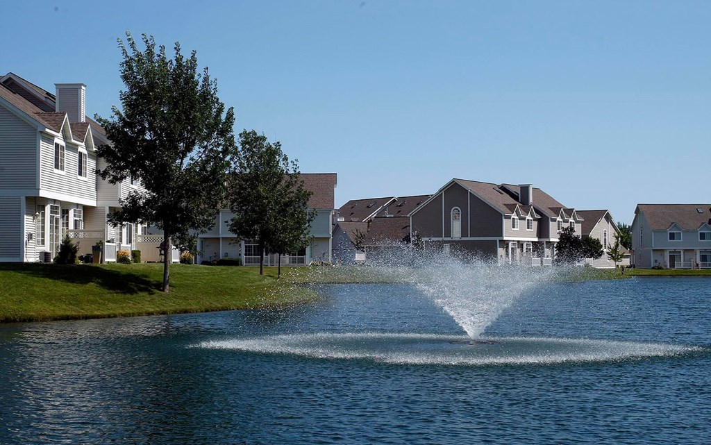 Gorgeous view of the fountain from a patio at Avalon Cove.