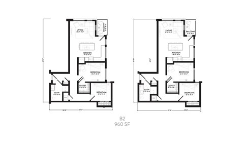 Two floor plan diagrams for a building labeled B2 960 SF.
