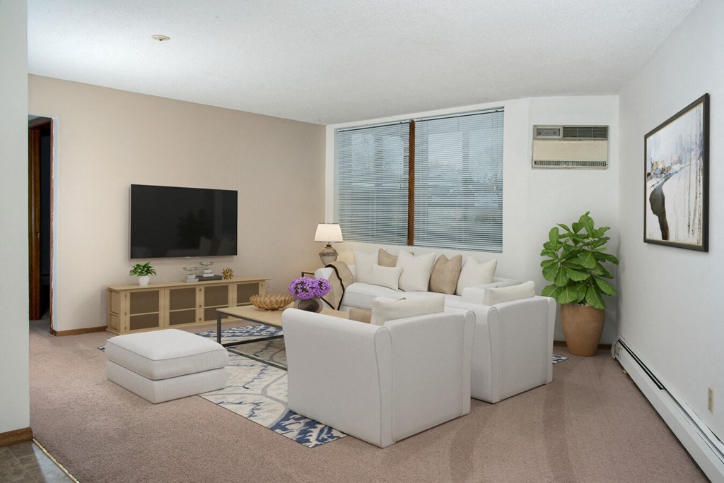 a living room with a white couch and a television