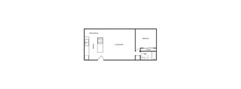 A floor plan of a small apartment with a kitchen, dining room, living room, bedroom, and bathroom.