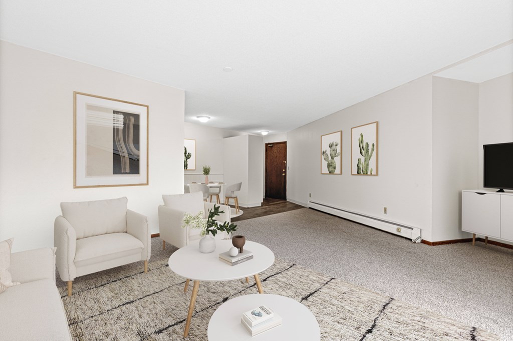 A living room with a white couch, a white coffee table, and a white rug.