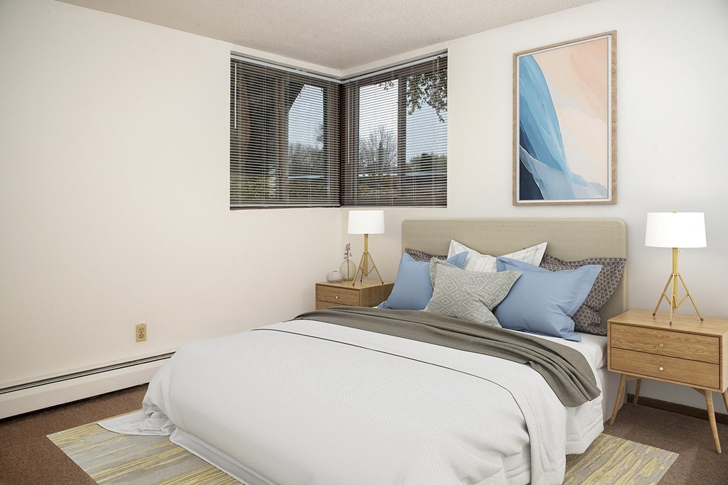 a bedroom with a large bed and two windows