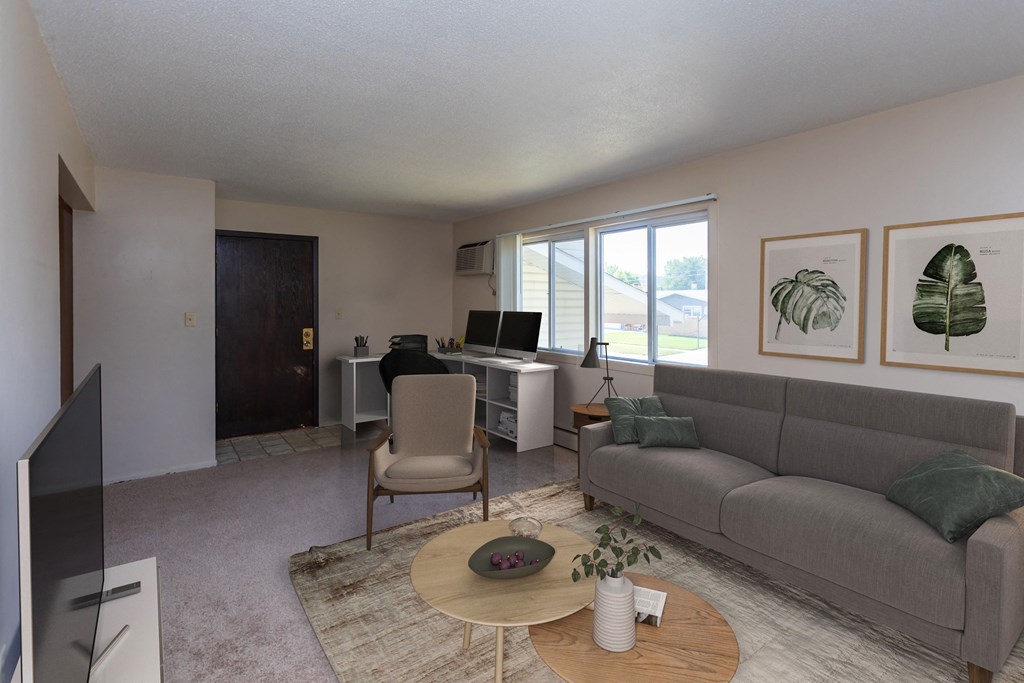 Living Room with Couch, TV and Work Desk