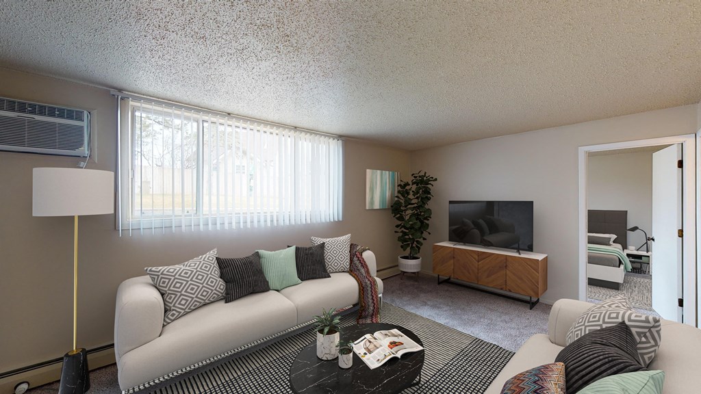 Living Room with Couches, TV and Windows