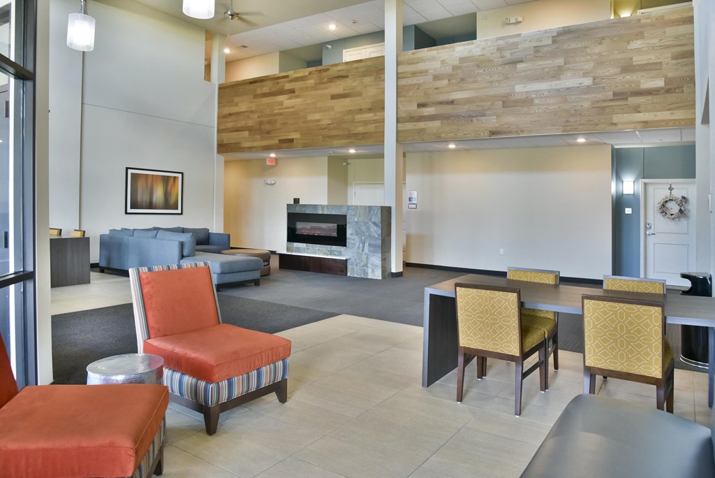 Lounge with Tables and Fireplace