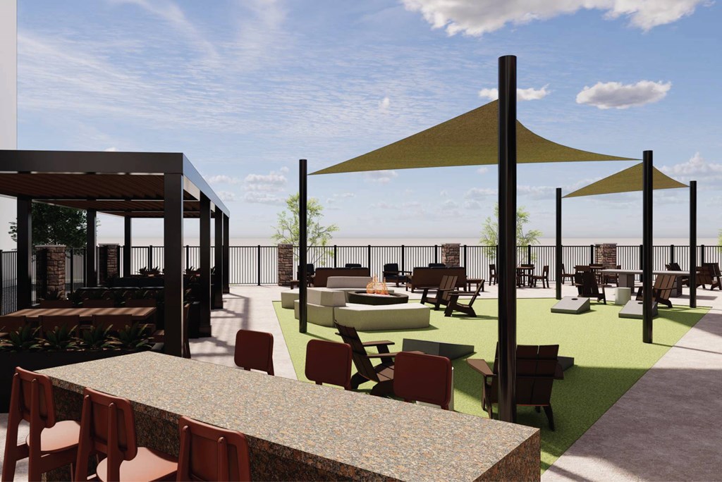 A rendering of an outdoor cafe with tables and chairs.