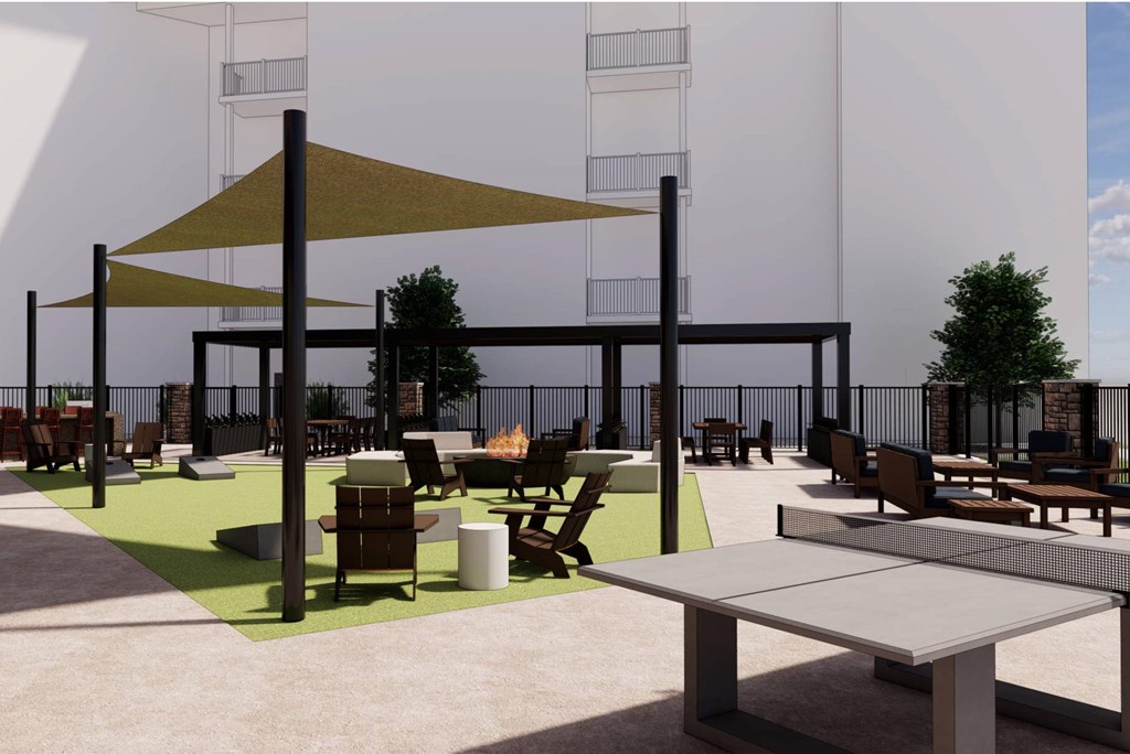 A rendering of an outdoor seating area with tables and chairs.