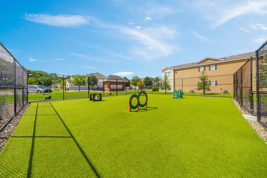A dog park with a green surface and a fence.