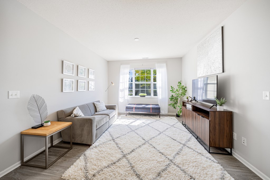 A living room with a grey couch, a wooden table, a rug, and a window with a view of the outside.